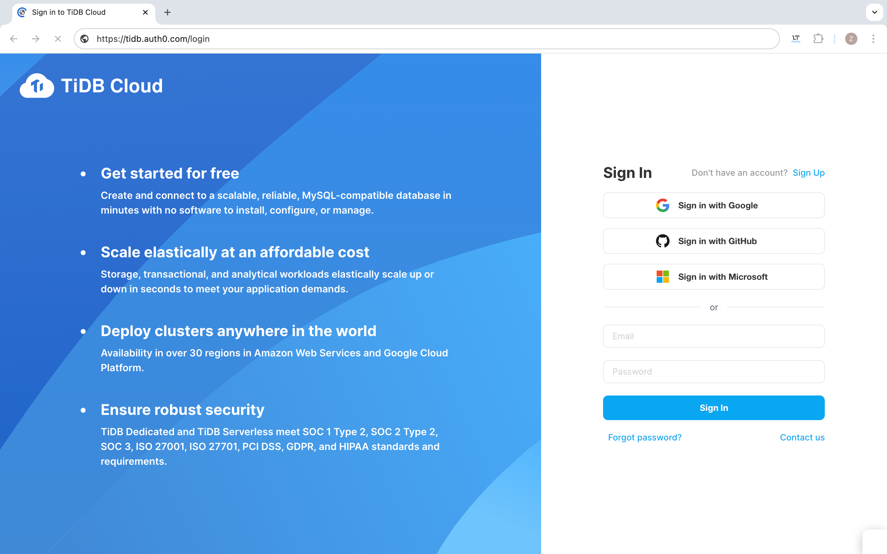 Sign up TiDB Cloud