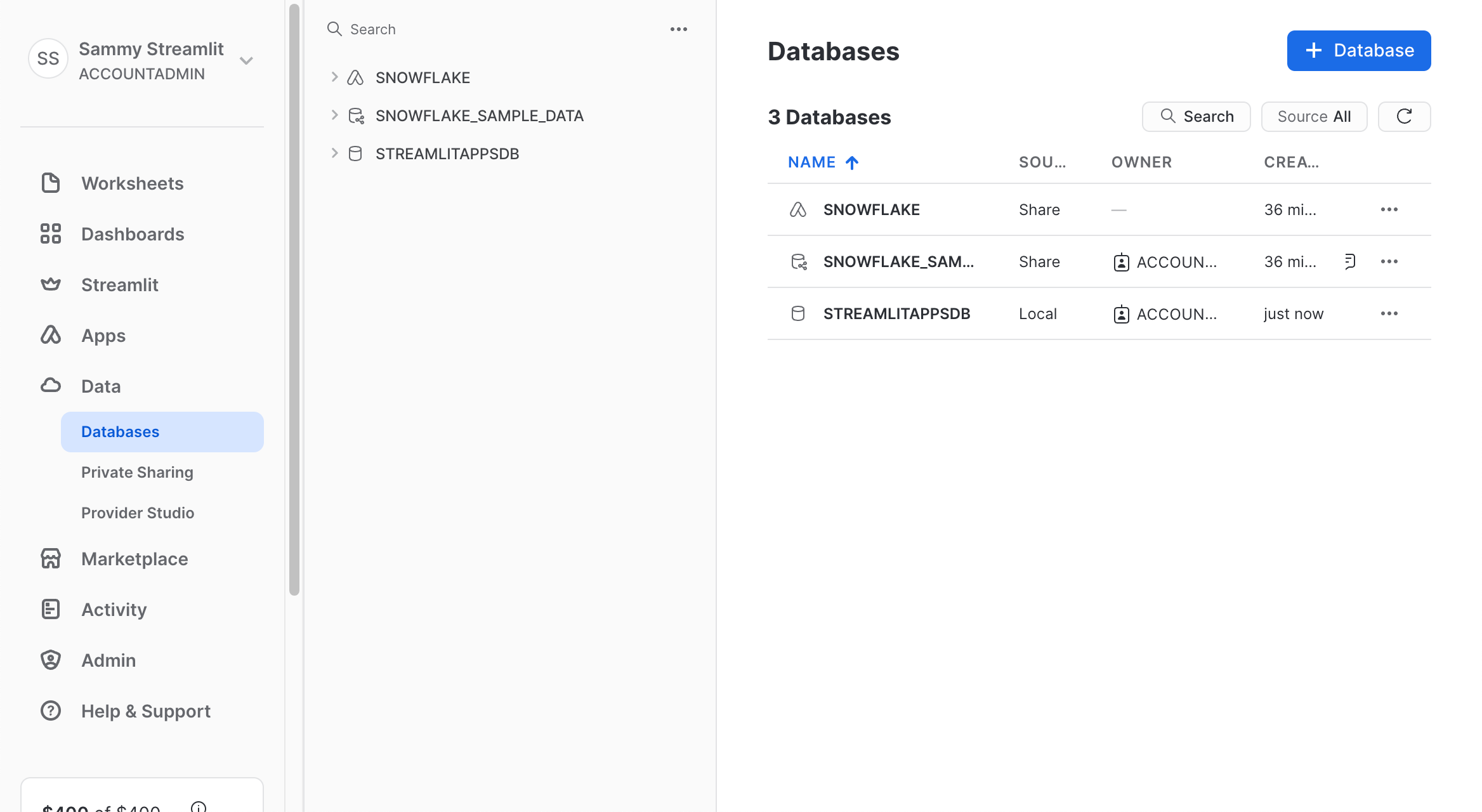 New database in your new trial Snowflake account