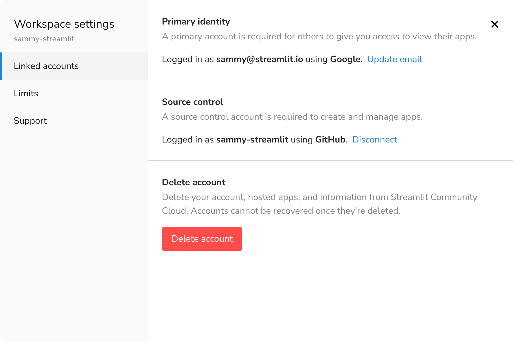 Delete your Streamlit Community Cloud account from your workspace settings