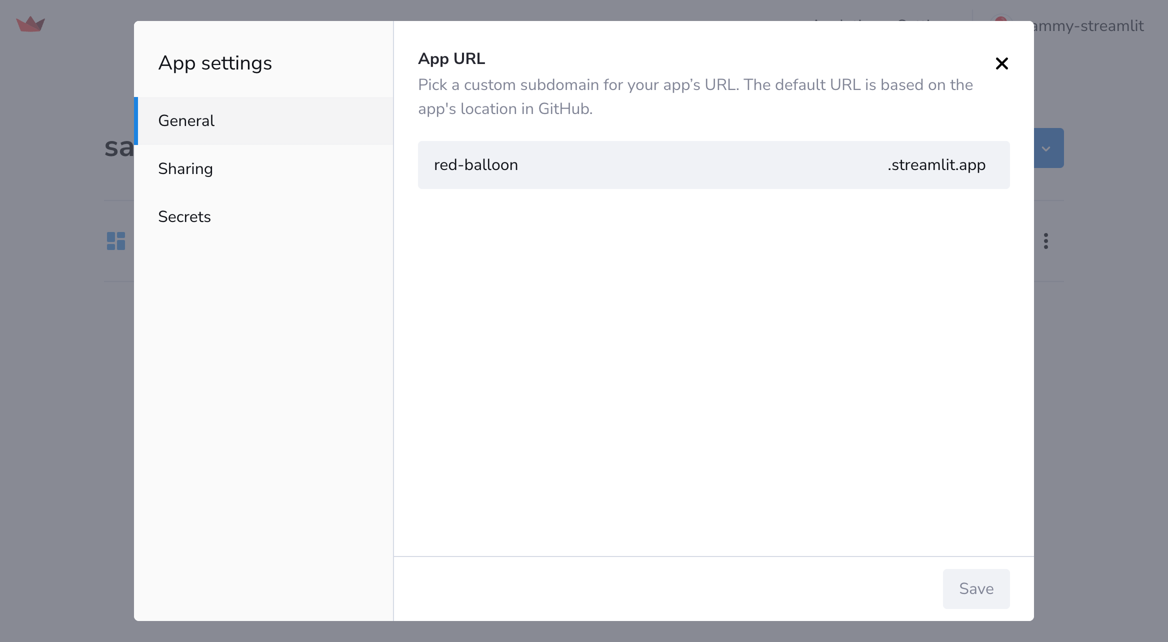 General app settings on Streamlit Community Cloud: Custom subdomain