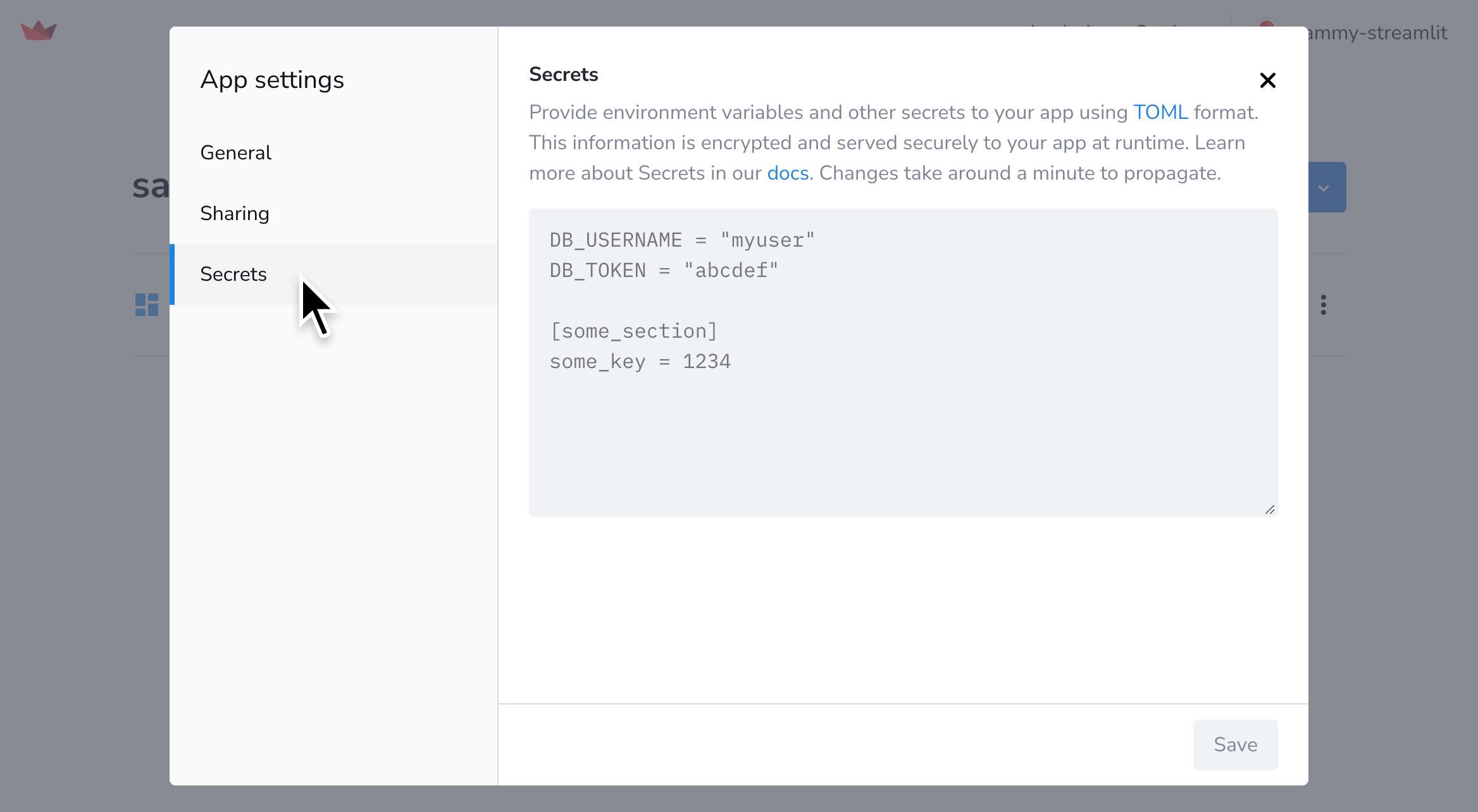 Secrets settings on Streamlit Community Cloud