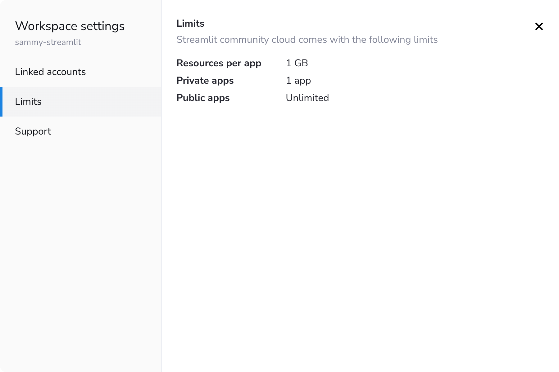 Resource limits displayed in workspace settings