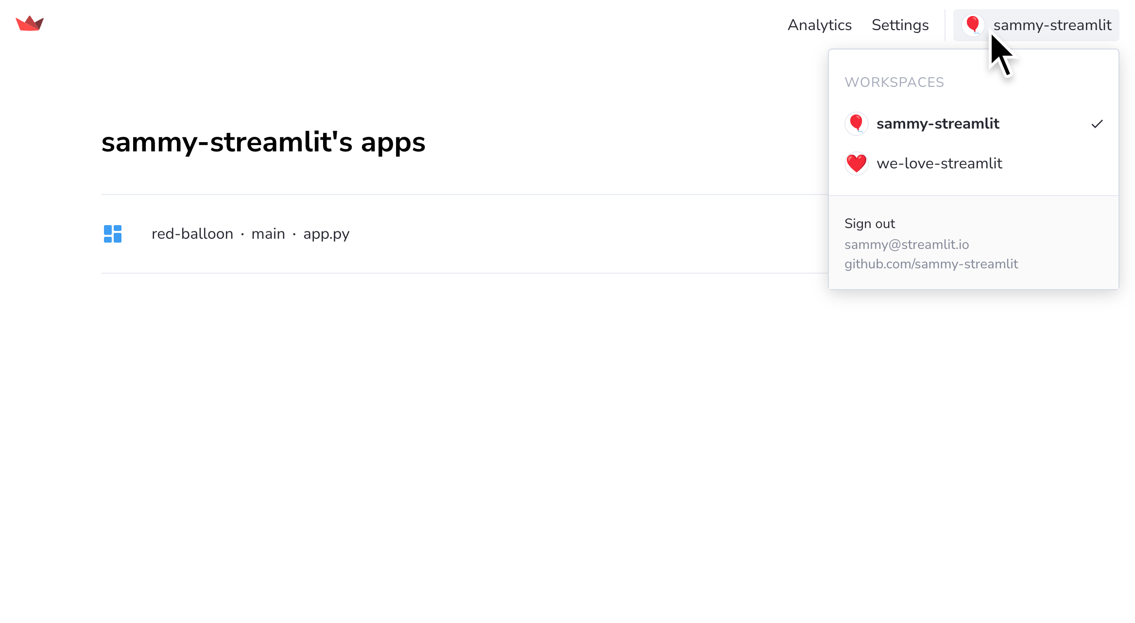 Switching between app workspaces in Streamlit Community Cloud